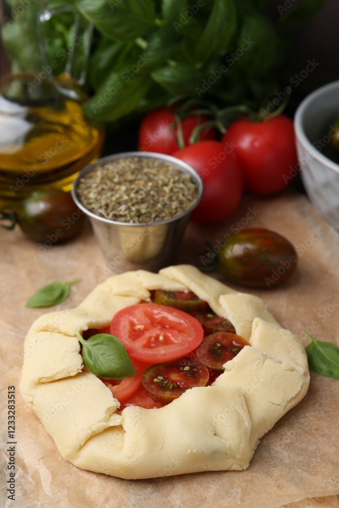 Raw galette with tomato and basil on table, closeup Raw galette with tomato and basil on table, closeup