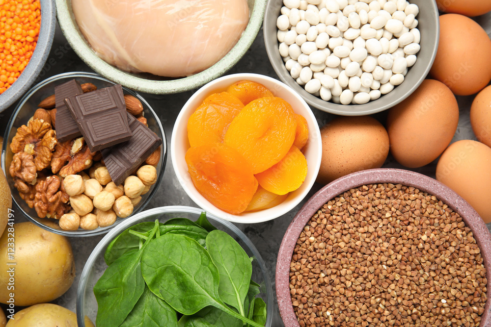 Different products rich in iron on grey table, top view. Diet plan for anemia Different products rich in iron on grey table, top view. Diet plan for anemia