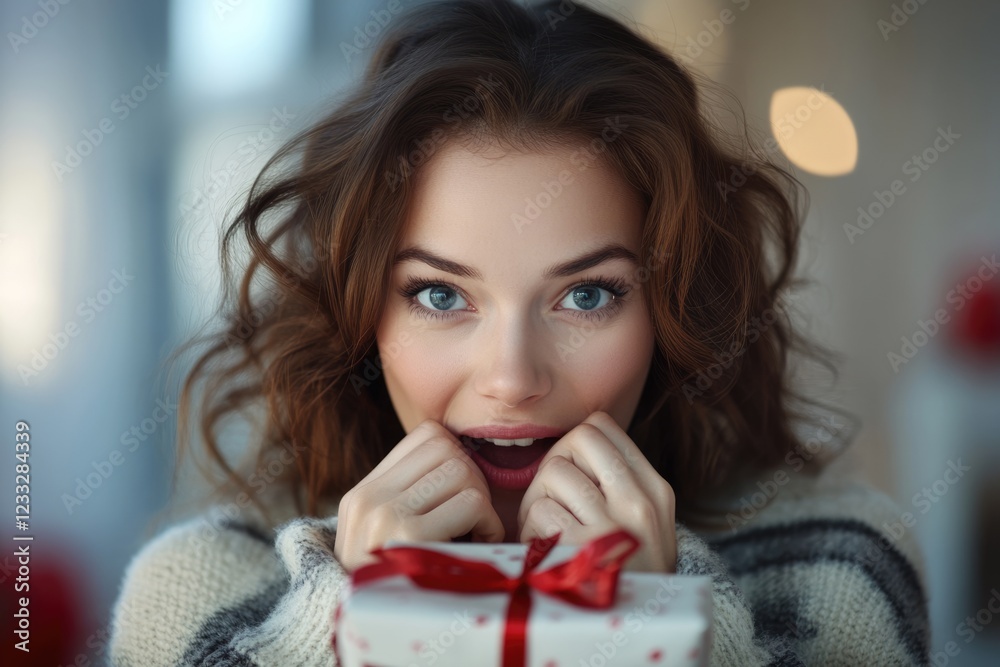 A cheerful young woman with wavy hair expresses joy while holding a beautifully wrapped gift. She is surrounded by a warm, inviting indoor atmosphere adorned for the holidays A cheerful young woman with wavy hair expresses joy while holding a beautifully wrapped gift. She is surrounded by a warm, inviting indoor atmosphere adorned for the holidays