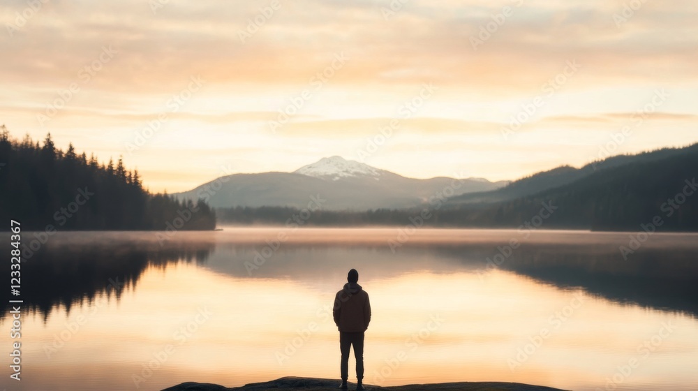 Serene sunrise over a tranquil lake with a lone figure gazing at the mountains in the distance Serene sunrise over a tranquil lake with a lone figure gazing at the mountains in the distance