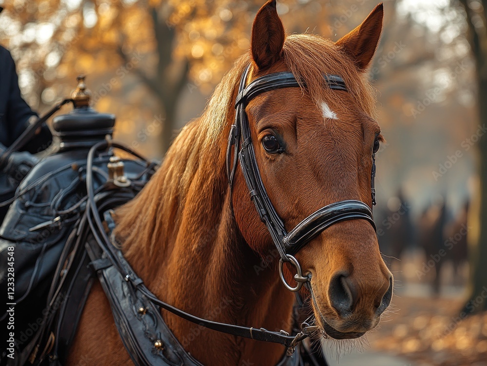 Close-up of a majestic brown horse harnessed for riding during fall season Close-up of a majestic brown horse harnessed for riding during fall season
