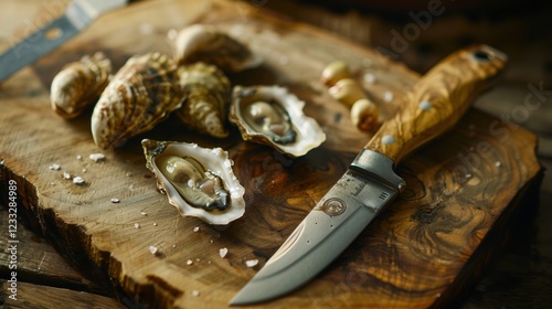  Fresh Oysters and Knife on Rustic Wooden Board