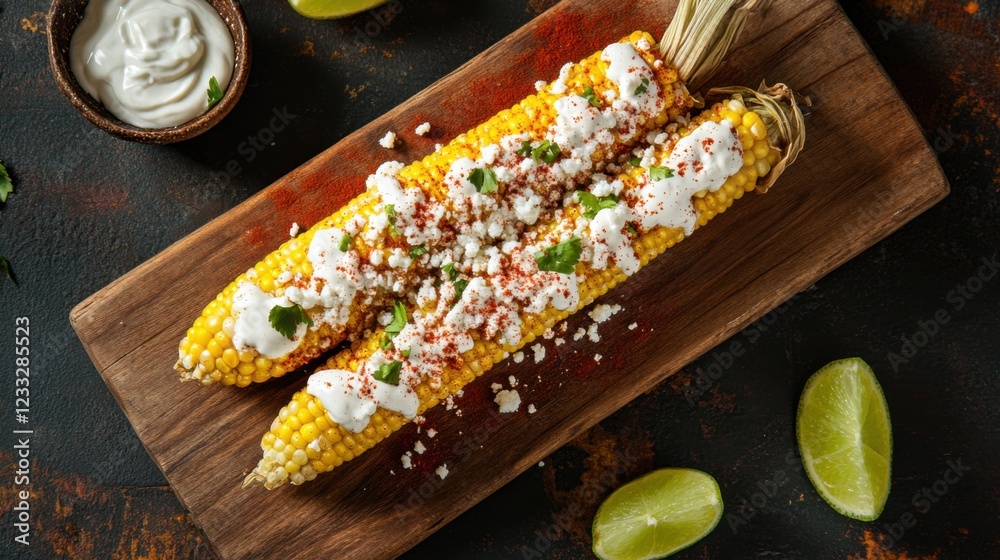 A vibrant and crunchy Mexican street corn with a drizzle of crema, cotija cheese, and a sprinkle of chili powder A vibrant and crunchy Mexican street corn with a drizzle of crema, cotija cheese, and a sprinkle of chili powder