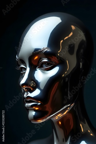 A smooth mirror-like mask emerges from liquid metal glowing softly.
