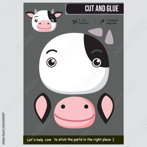 Adorable cow cut and glue activity for kids' creative and educational development. Education concept
