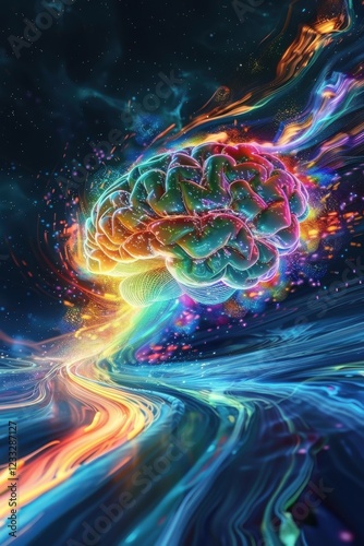 A vibrant brain awash in colorful fractal energy. Fluid motion and bright hues depict creativity and innovation bursting forth. A conceptual image of boundless thought.