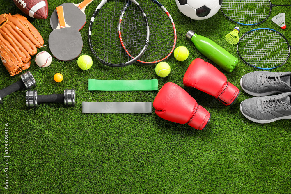 Naklejka premium Different sport equipment on artificial grass, flat lay. Space for text