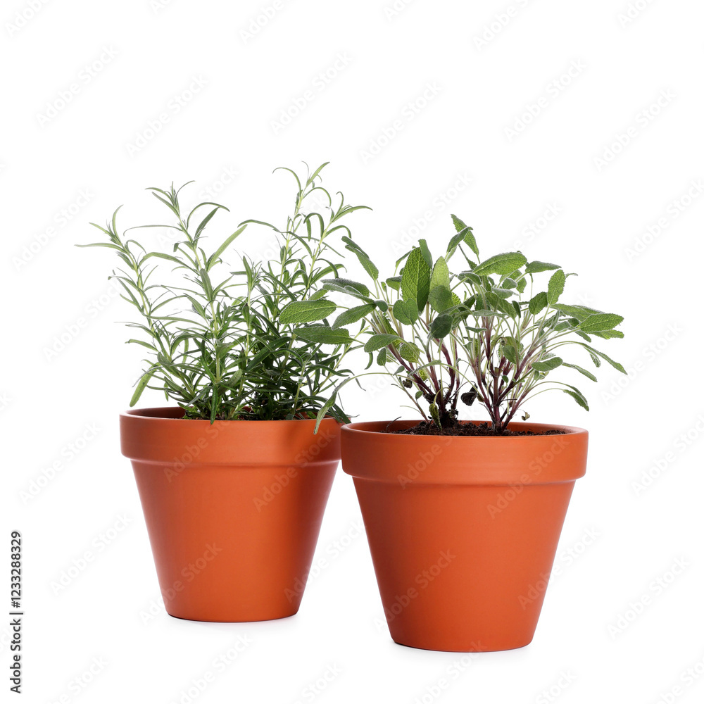 Aromatic herbs in pots isolated on white Aromatic herbs in pots isolated on white