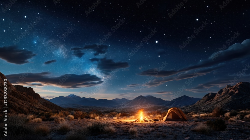 A starry night sky over a serene desert landscape with a campfire glowing A starry night sky over a serene desert landscape with a campfire glowing