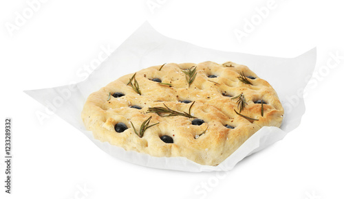 Canvastavla Delicious focaccia bread with olives and rosemary isolated on white