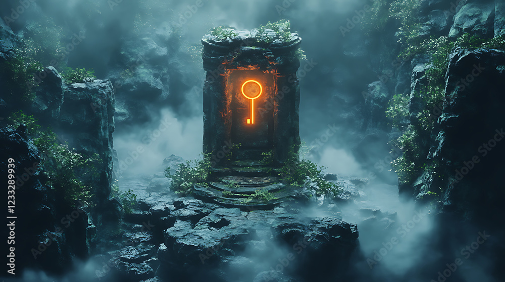 A glowing reset key floating above an ancient stone altar surrounded by mist (2) A glowing reset key floating above an ancient stone altar surrounded by mist (2)