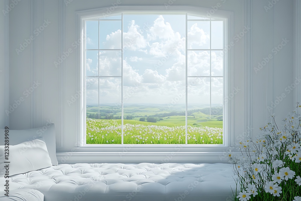 Fototapeta premium The 3D-rendered Scandinavian minimalist living room presents a white color scheme, including a sofa and a window that offers a view of a serene summer landscape.