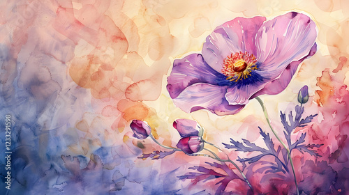 A vibrant watercolor painting of a blooming flower with soft background hues.