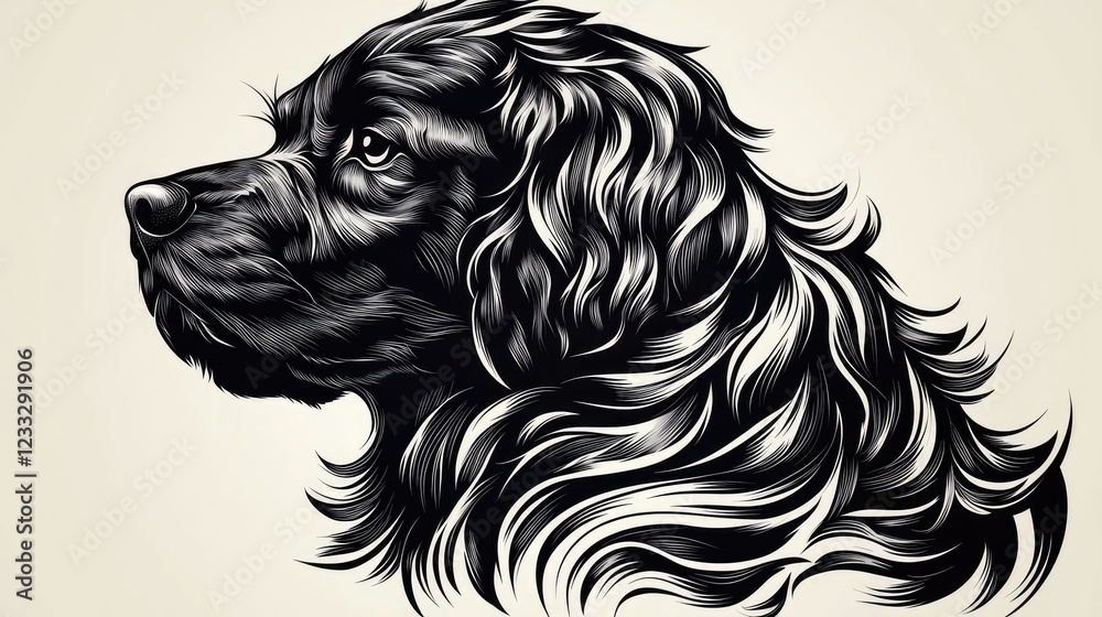 A stylized black and white illustration of a dog's profile with flowing fur. A stylized black and white illustration of a dog's profile with flowing fur.