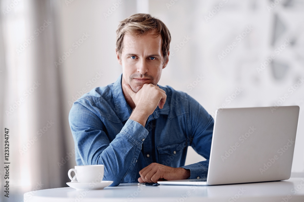 Laptop, professional and portrait of business man online for website, research and finance analytics. Corporate, office and person on computer thinking for company insights, planning and investment Laptop, professional and portrait of business man online for website, research and finance analytics. Corporate, office and person on computer thinking for company insights, planning and investment