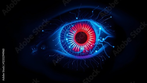 A high-tech glowing human eye its sclera iridescent and circuits pulsing in neon.
