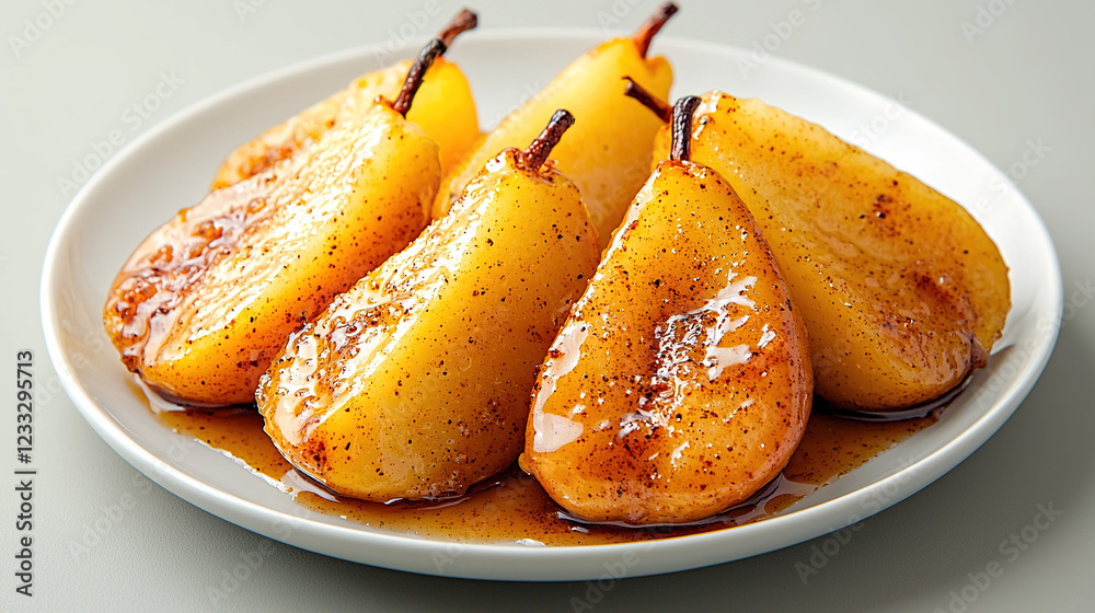 Baked pears with cinnamon and sugar glaze, served on a white plate with soft natural lighting and minimalist food styling
Baked pears with cinnamon and sugar glaze, served on a white plate with soft natural lighting and minimalist food styling
