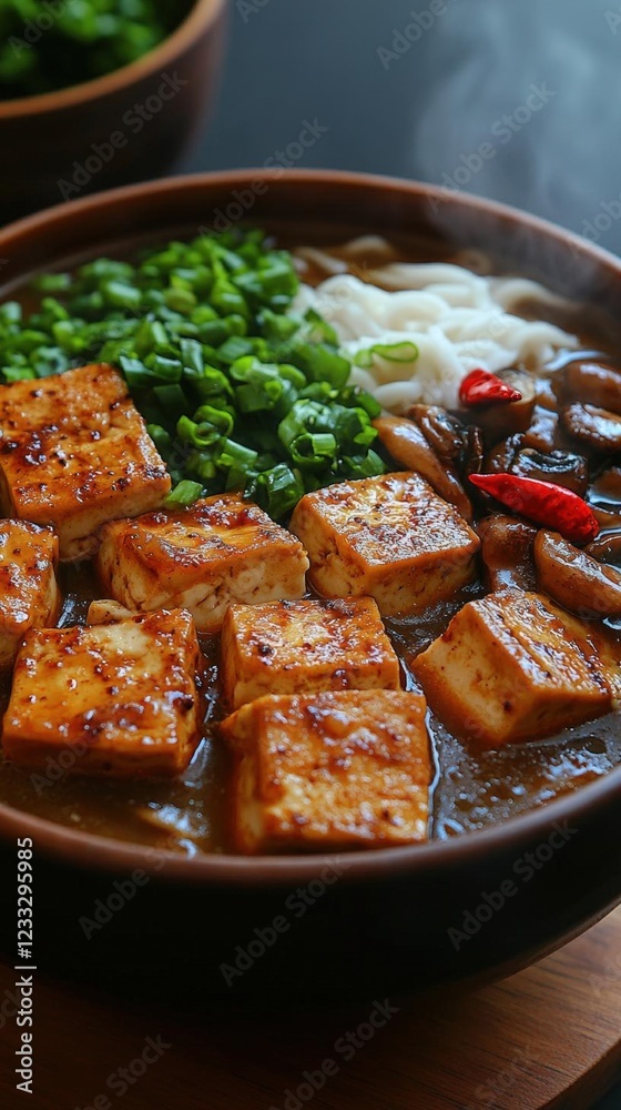 Warm Steaming Tofu Noodle Soup with Mushrooms Warm Steaming Tofu Noodle Soup with Mushrooms