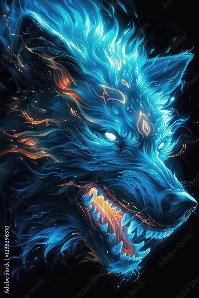 Naklejka premium Fiery wolf head engulfed in blue flames. Glowing teeth and dramatic lighting. Perfect for t-shirt prints. Animal art.