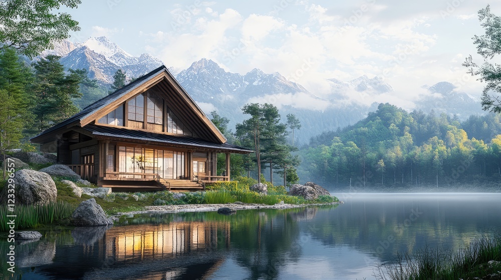 Japanese wooden house with lake and mountains concept art Japanese wooden house with lake and mountains concept art
