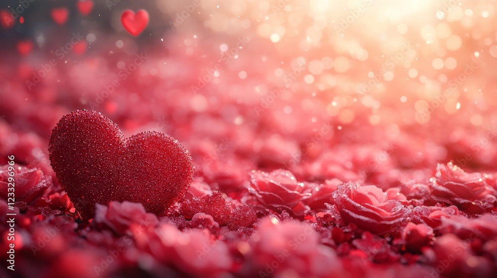 A Sparkly Red Heart Rests On A Bed Of Dew-Kissed Red Roses. Perfect For Valentine'S Day! A Sparkly Red Heart Rests On A Bed Of Dew-Kissed Red Roses. Perfect For Valentine'S Day!