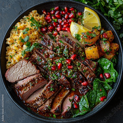 Grilled lamb, pomegranate, and quinoa bowl. Healthy meal prep photo