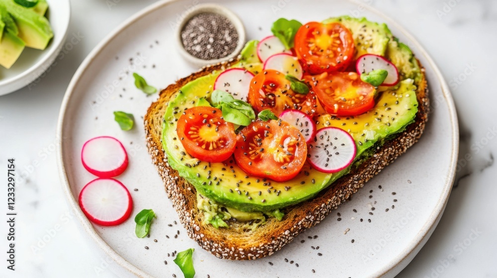 A vibrant and fresh avocado toast topped with cherry tomatoes, radish slices, and a sprinkle of chia seeds A vibrant and fresh avocado toast topped with cherry tomatoes, radish slices, and a sprinkle of chia seeds