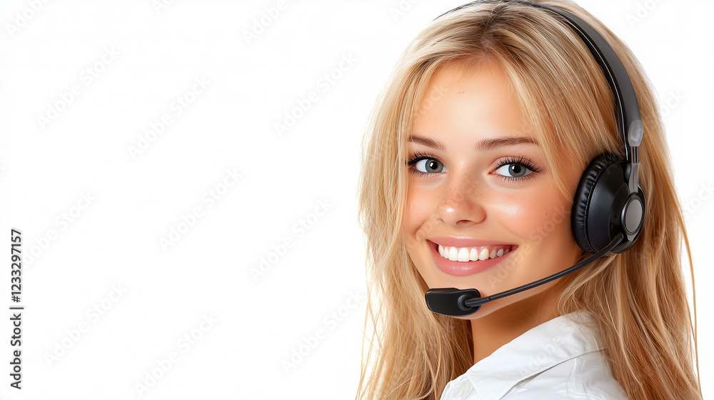 A smiling customer service representative wearing a call center headset, isolated on a white background. A smiling customer service representative wearing a call center headset, isolated on a white background.