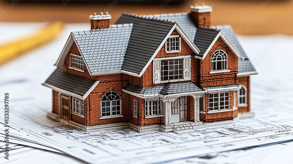 House model on blueprints, desk background, home design concept House model on blueprints, desk background, home design concept