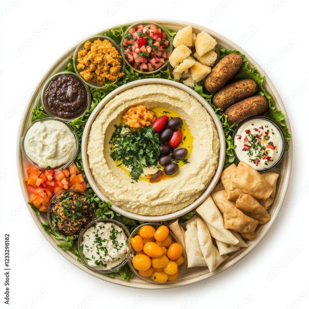 A platter of Middle Eastern appetizers including hummus and falafel, isolated white background, abstract art style A platter of Middle Eastern appetizers including hummus and falafel, isolated white background, abstract art style