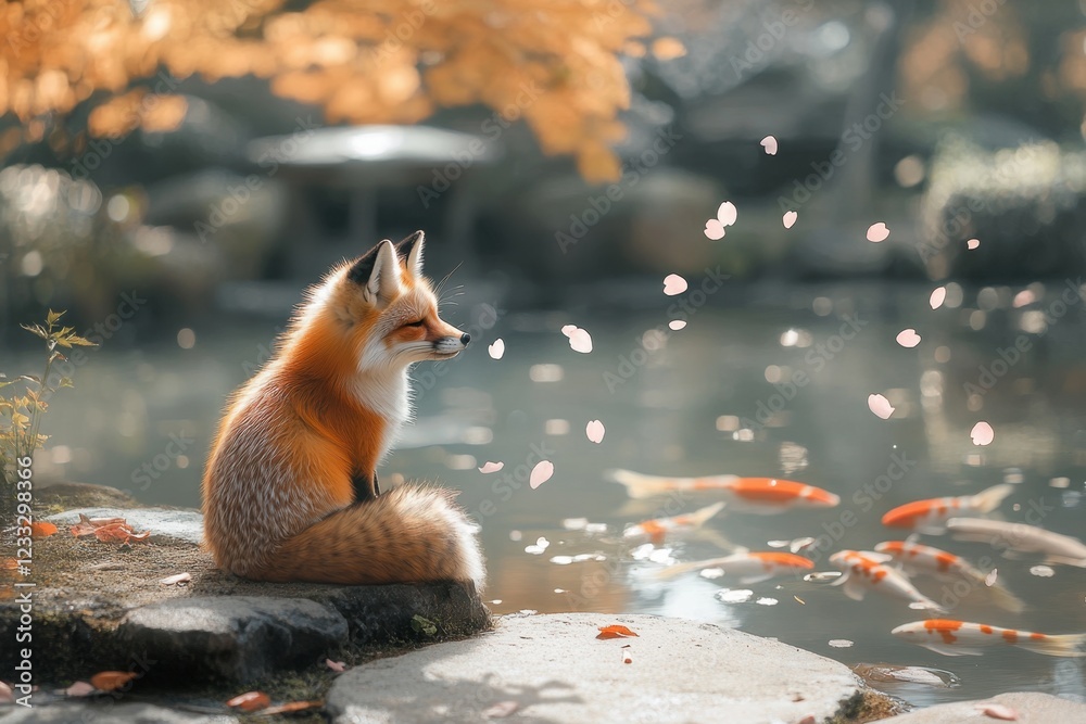 Obraz premium Tranquil Fox by Serene Pond Surrounded by Falling Petals