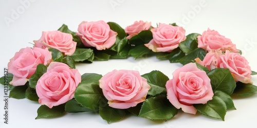 A round arrangement of pink roses and vibrant green leaves placed around a clean white space, perfect for a soft, elegant look.