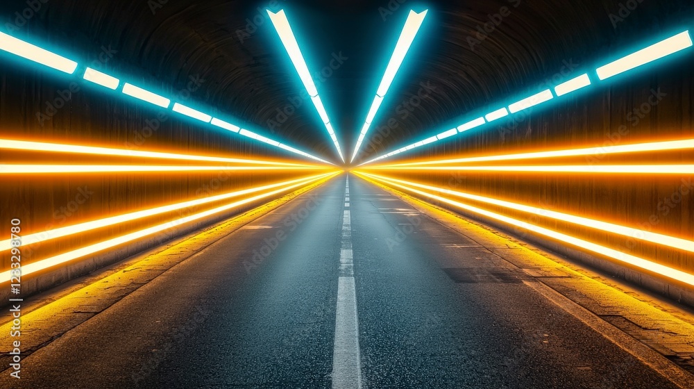 Vibrant Neon Lights in Dark Tunnel with Perspective View