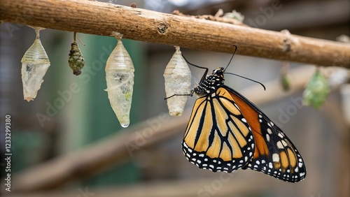 A tiger butterfly bursts forth, vibrant wings unfurling from a silken cocoon. photo