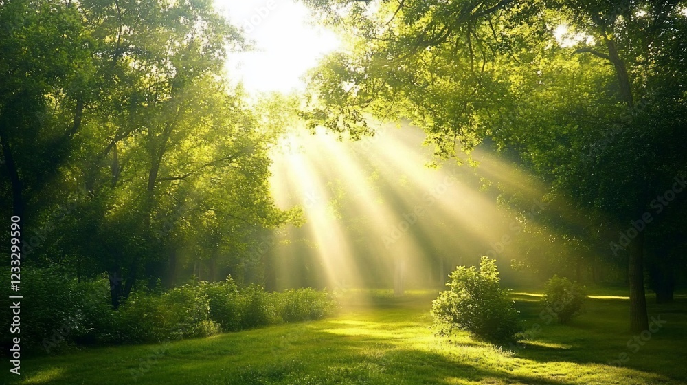 Sunlight Pierces Through Forest Canopy creating a mystical scene in nature Sunlight Pierces Through Forest Canopy creating a mystical scene in nature