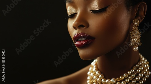 Jewelry fashion banner, woman in luxury creative golden pearls jewels, glamour female african American model with beauty face makeup wearing expensive gold stylish Jewelry on black background.