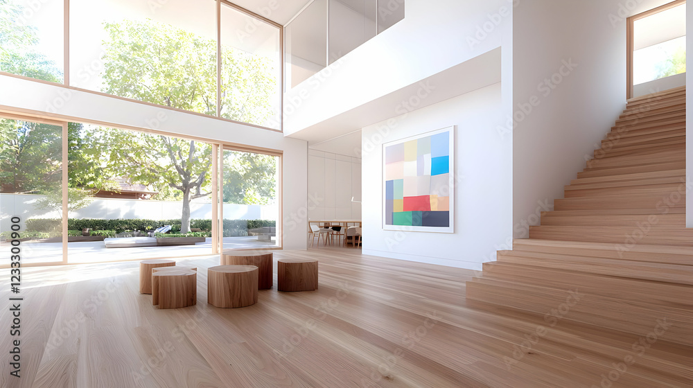 Fototapeta premium Modern home interior, light wood floors, large windows, garden view, minimalist design