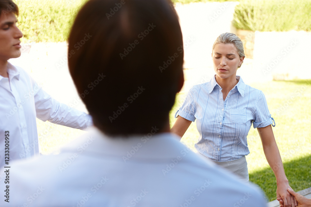 Fototapeta premium Business people, meditation and holding hands with huddle for zen, social group or circle in nature. Calm, employees or colleagues with breathing exercise for inner peace or outdoor team building