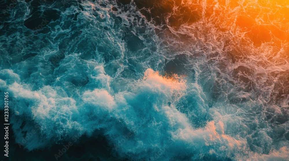 Fototapeta premium Aerial view of ocean waves illuminated by sunset colors.