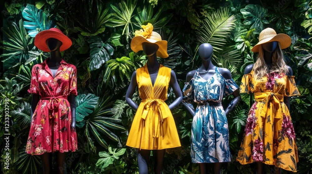 Colorful summer dresses displayed on mannequins against greenery. Colorful summer dresses displayed on mannequins against greenery.