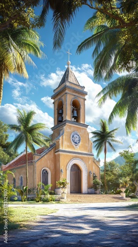 Tropical church under sunny skies