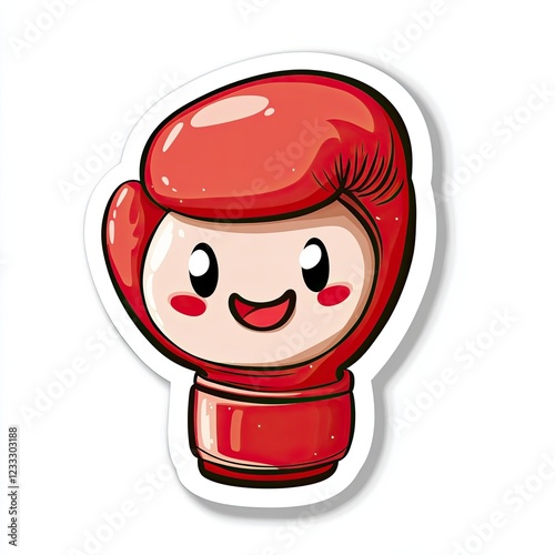 A cute sticker of a boxing glove with a happy face on a white background