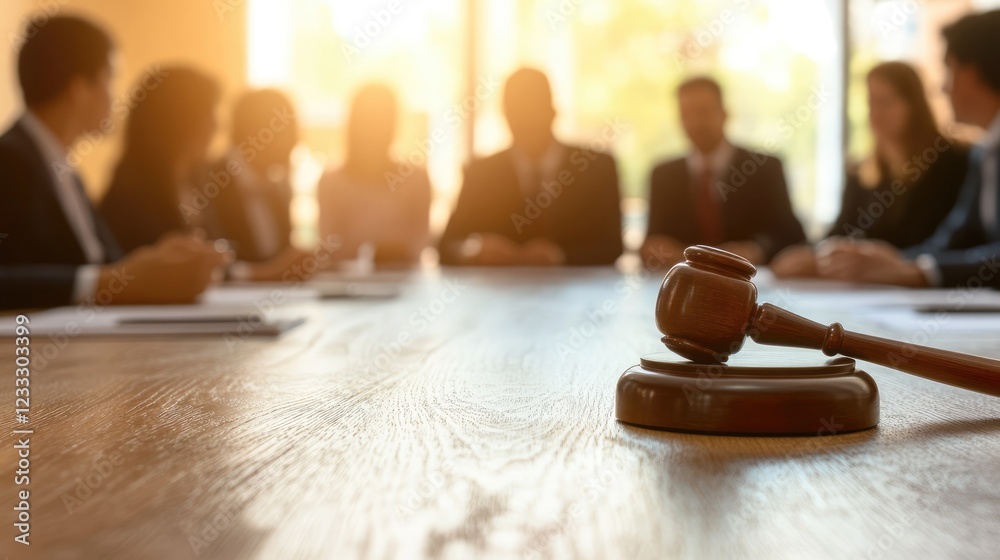 Judge gavel with Justice lawyers having team meeting at law firm in background. Concepts of law Judge gavel with Justice lawyers having team meeting at law firm in background. Concepts of law