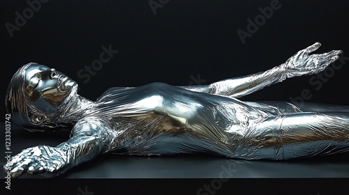 Silver humanoid sculpture, supine pose, dark background, art concept