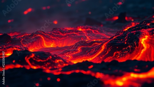 Fiery lava undulates in intricate patterns glowing with molten heat.
