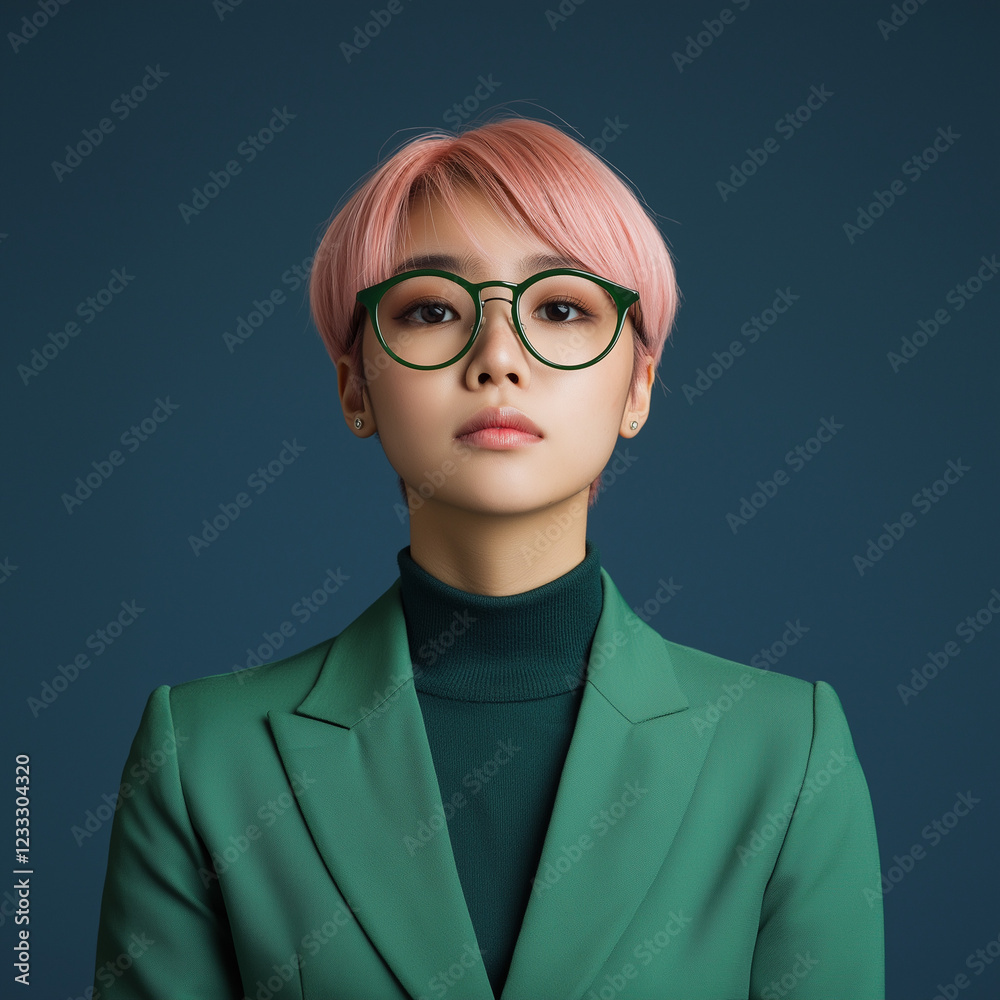 Portrait of a young woman with pink hair and glasses studio setting fashion photography indoor environment close-up view modern aesthetic Portrait of a young woman with pink hair and glasses studio setting fashion photography indoor environment close-up view modern aesthetic
