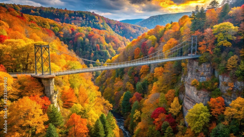 Suspension bridge over a deep gorge surrounded by colorful autumn foliage , Autumn, dragon god, large, suspension bridge Suspension bridge over a deep gorge surrounded by colorful autumn foliage , Autumn, dragon god, large, suspension bridge