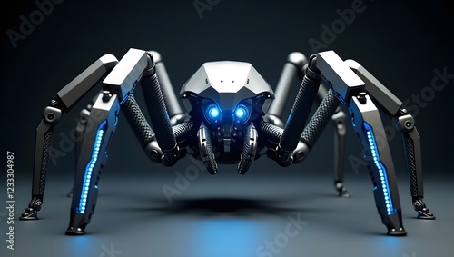 A menacing robotic spider with glowing neon blue joints and eyes.
