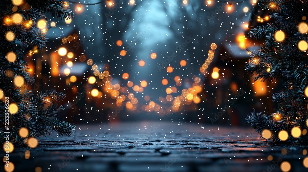 Obraz premium Snowy Christmas market night scene; perfect for holiday cards