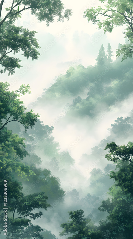 Fototapeta premium Serene Forest Enveloped in Morning Mist with Soft Green Hues